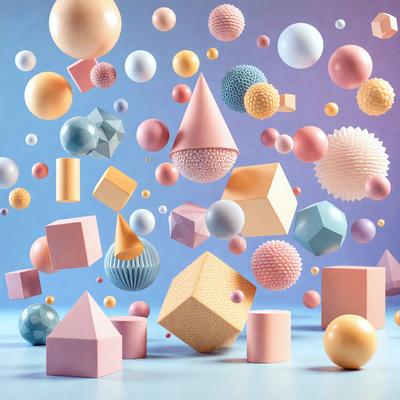 The primary subject of the image is a collection of variously shaped and colored balls, which are floating in the air. The setting is a blue background, and the visual style appears to be a combination of digital art and illustration. The colors and mood of the image are vibrant and lively, with the balls creating a sense of playfulness and creativity.